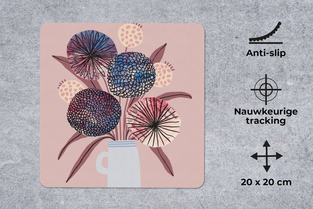 Muismat 20x20 cm - Mousepad Bloemen - Pastel - Vaas - Planten - Muismatten