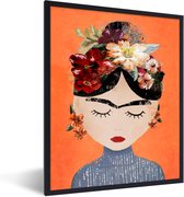 Fotolijst incl. Poster - Portret - Frida Kahlo - Oranje - Vrouw - Bloemen - 30x40 cm - Posterlijst