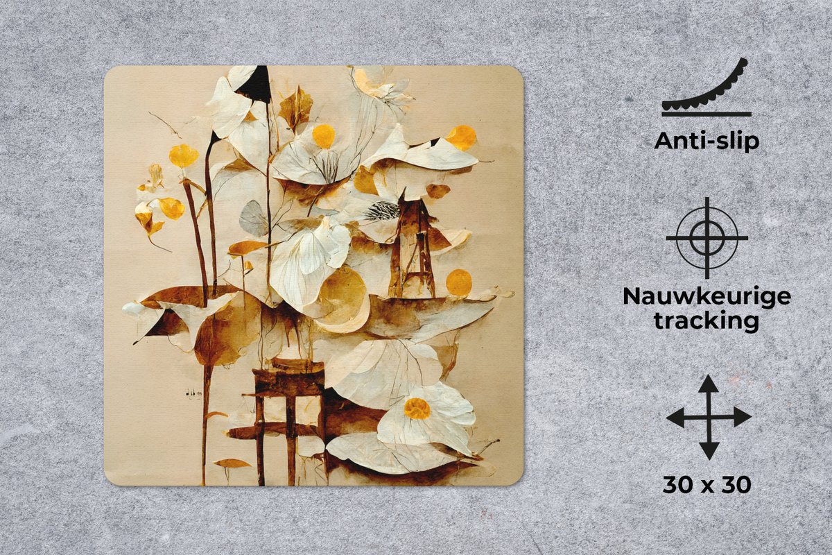 Muismat 30x30 cm - Mousepad Bloemen - Wit - Planten - Vintage - Muismatten