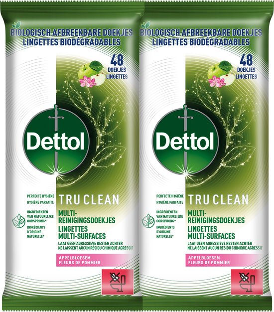 Teru Clean Dettol Lingettes Biodégradable Tru Clean Apple Blossom & Pear - 48 - 2 ...