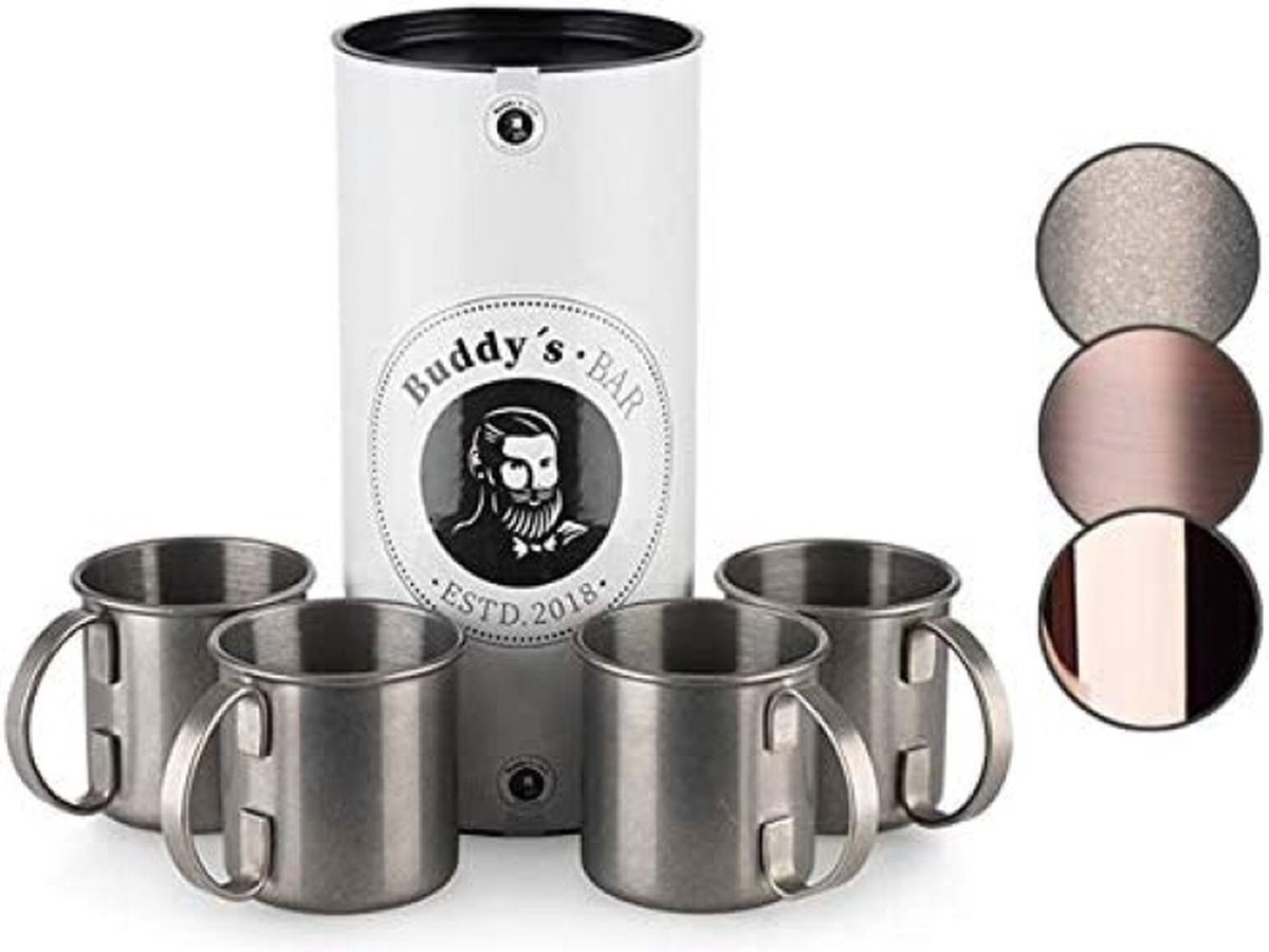 Buddy's Bar Moscow Mule Bekers - Cocktailglazen - Set van 4 Zilver Bekers - RVS met Antieke Uitstraling - Met Geschenkverpakking - 450 ml