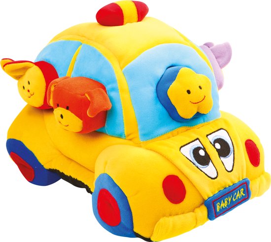 Zachte gele babyauto met blauwe ramen, rode wielen en dierengezichten aan de zijkanten.