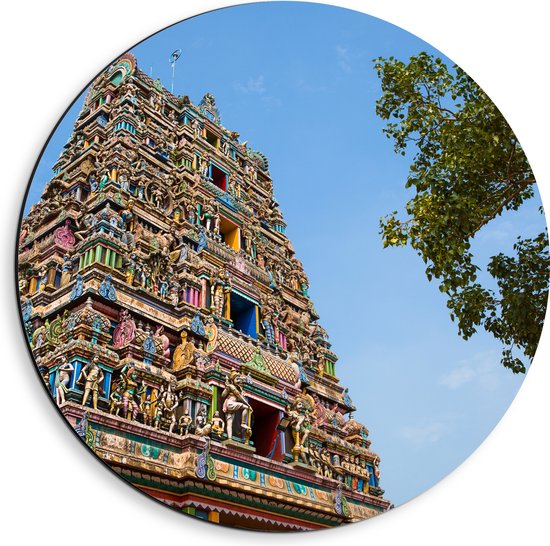 Dibond Muurcirkel - Traditionele Kidangamparambu Sree Bhuvaneswari Tempel Vol met Kleurrijke Beelden - 40x40 cm Foto op Aluminium Muurcirkel (met ophangsysteem)