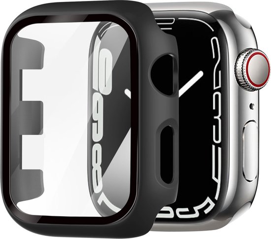 Zwarte smartwatch beschermhoes met glazen display, over een smartwatch met zilveren behuizing.