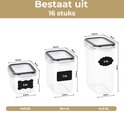 Drie transparante voorraadpotten met zwarte deksels en labels van 0,8L, 1,4L en 2,0L.