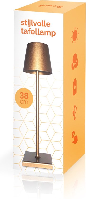 Goliving Tafellamp Oplaadbaar – Draadloos en dimbaar – Moderne touch lamp – Nachtlamp Slaapkamer – 38 cm – Goud - Goliving