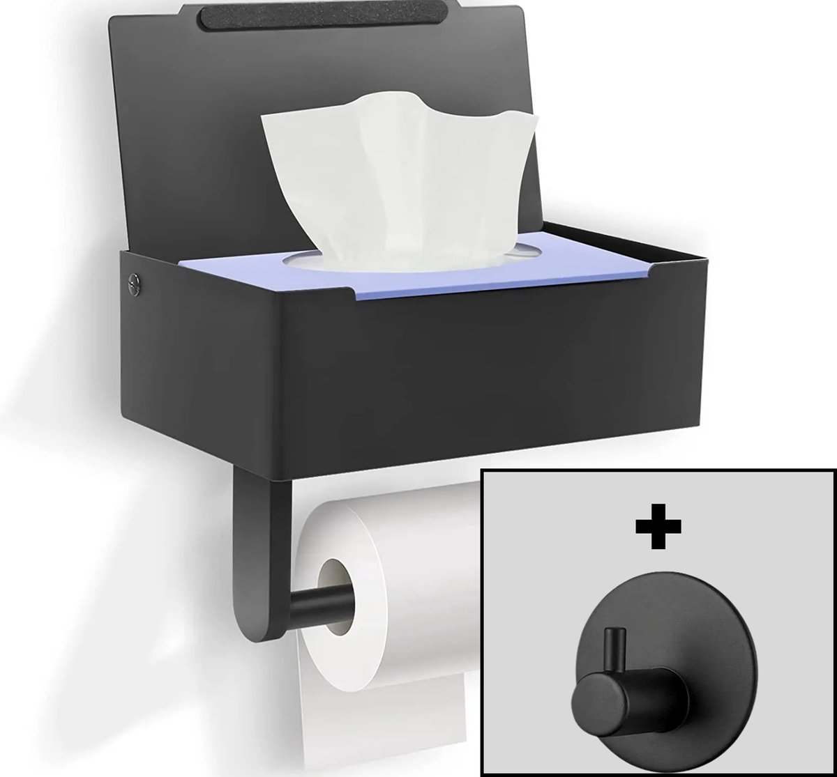 WC rolhouder - Toiletrolhouder - Opbergvak - Bakje - Plankje - Zonder boren- WC papier houder - Toilet papier houder - Zwart - Badkameraccessoire - Toiletaccessoire - Inclusief handoekhaak