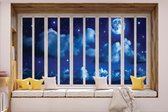 Fotobehang - Vlies Behang - 3D - Uitzicht op de Sterren, Maan en Zee vanuit het Raam - 152,5 x 104 cm