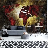 Fotobehang - Vlies Behang - Rode met Goud Verlichte Wereldkaart - 312 x 219 cm