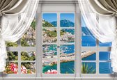 Fotobehang - Vlies Behang - Uitzicht op de Turquoise Baai vanuit het Raam 3D - 152,5 x 104 cm
