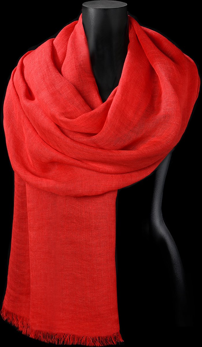 Ultra zachte linnen sjaal met korte franjes in mooie rode kleur