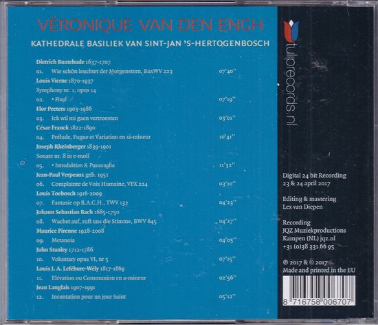 Couverture de CD avec texte : Véronique van den Engh, Basilique Cathédrale Saint-Jean de Bois-le-Duc. Logo Tulip Records.