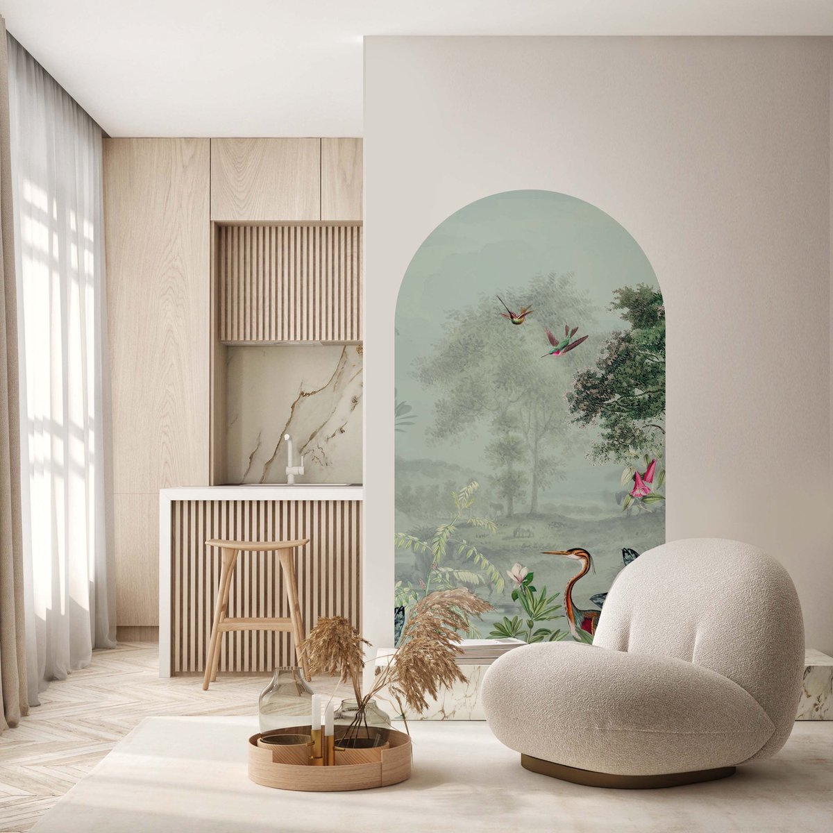 ZELFKLEVENDE BEHANG BOOG STICKER - SCENIC LANDSCAPE DUSTY MINT