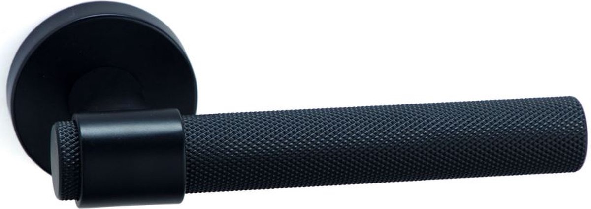 SAAR Systems deurkruk - klink gekarteld zwart mat geborsteld met ronde rozetten - complete set.