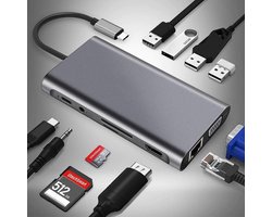 11-in-1 USB-C Hub | Adapter | Dock Splitter | 4x USB 3.0 Poorten | LAN RJ45 | 4K HDMI HDTV | VGA | SD Kaart Card | AUX Audio | Thunderbolt 3 | USB Type C | PD Chip | Geschikt voor Apple Macbook en Chromebook – Space Grey S002