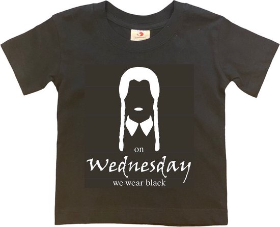 ON WEDNESDAY WE WEAR BLACK T-shirt Zwart avec Imprimé Witte (taille 110/116) | Mercredi T-shirt | Chemises du mercredi | Famille Addams | Mercredi Addams
