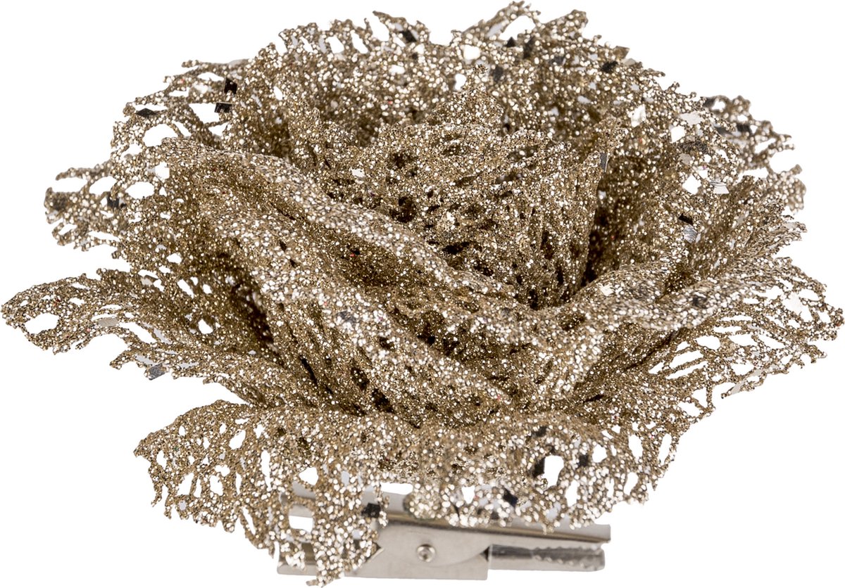 1x stuks decoratie bloemen roos champagne glitter op clip 10 cm - Decoratiebloemen/kerstboomversiering