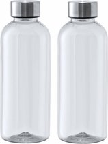 Kunststof waterfles/drinkfles/sportfles - 2x - transparant - met RVS dop - 600 ml