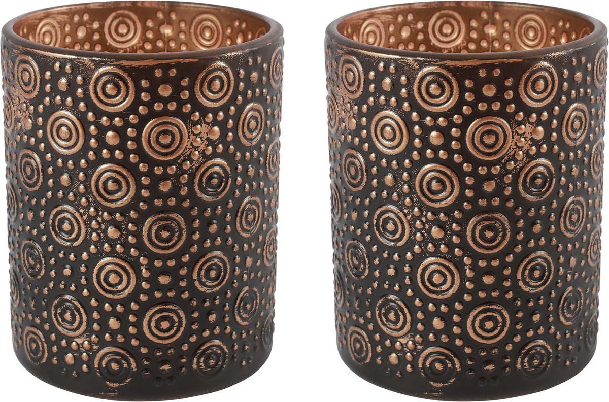 Countryfield Luxe theelichthouder - 2x stuks - Fantasy - glas - zwart/brons - D8 x H10 cm