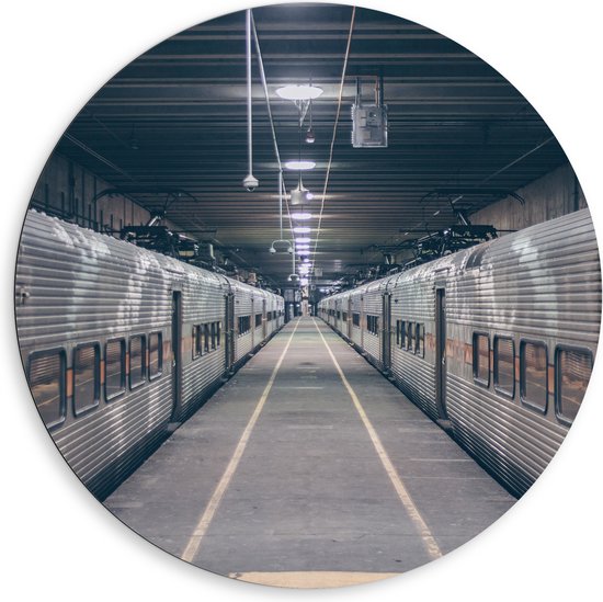 Dibond Muurcirkel - Trein Station met twee Stilstaande Treinen - 80x80 cm Foto op Aluminium Muurcirkel (met ophangsysteem)