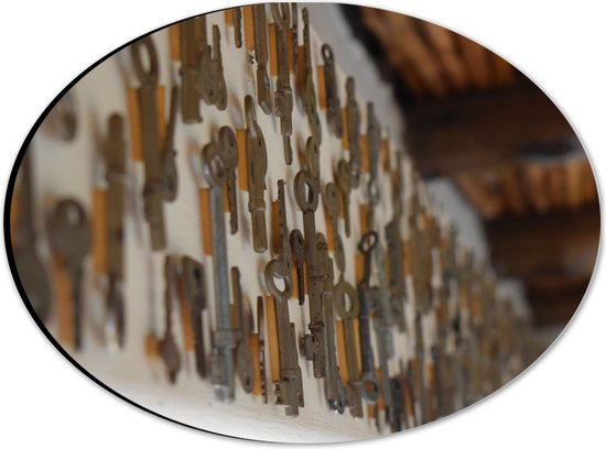 Dibond Ovaal - Close-up van Sleutels aan de Muur - 28x21 cm Foto op Ovaal (Met Ophangsysteem)