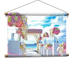 Textielposter - Rozekleurige Trouwlocatie aan het Water - 60x40 cm Foto op Textiel