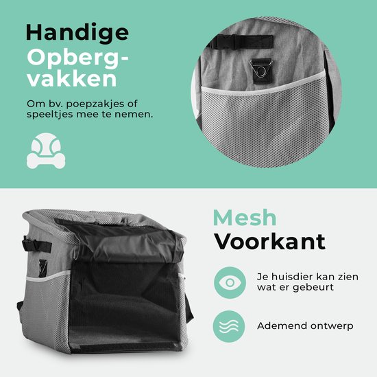 Grijze hondenfietsmand met opbergvakken en mesh voorkant voor ventilatie.