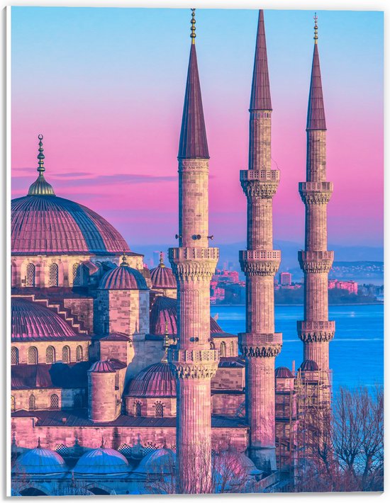PVC Schuimplaat - Sultan Ahmetmoskee in Istanbul met Roze Blauwe Lucht - 30x40 cm Foto op PVC Schuimplaat (Met Ophangsysteem)