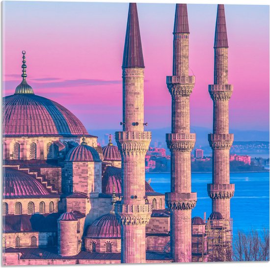 Acrylglas - Sultan Ahmetmoskee in Istanbul met Roze Blauwe Lucht - 50x50 cm Foto op Acrylglas (Met Ophangsysteem)