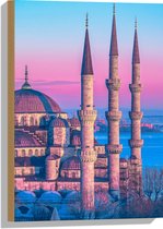 Hout - Sultan Ahmetmoskee in Istanbul met Roze Blauwe Lucht - 40x60 cm - 9 mm dik - Foto op Hout (Met Ophangsysteem)