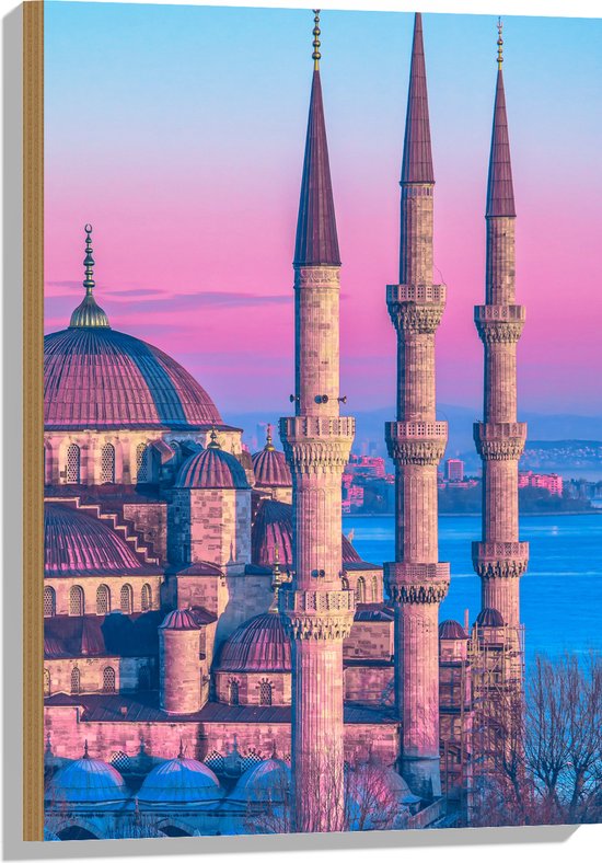 Hout - Sultan Ahmetmoskee in Istanbul met Roze Blauwe Lucht - 50x75 cm - 9 mm dik - Foto op Hout (Met Ophangsysteem)