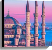 Canvas - Sultan Ahmetmoskee in Istanbul met Roze Blauwe Lucht - 40x40 cm Foto op Canvas Schilderij (Wanddecoratie op Canvas)