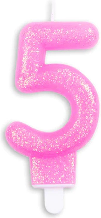 Cijferkaars Roze 5 Jaar - Kaars 5 Jaar - Kaars Cijfer 5 - Kaarsje 5 Jaar - Roze Kaars Taart / Cupcake 5 Jaar - Ook voor leeftijden: 15 / 25 / 35 / 45 / 50 / 51 / 52 / 53 / 54 / 55 / 56 / 57 / 58 / 59 / 65 / 75 / 85 / 95 - Glitter Roze