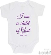 100% katoenen Romper "I am a child of God John 1:12" Meisjes Katoen Wit/paars Maat 62/68