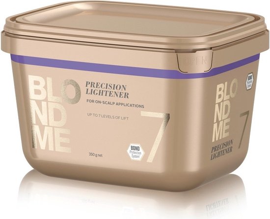 Beige bakje met paarse band, met 'BLOND ME' logo en 'PRECISION LIGHTENER', 350g net.