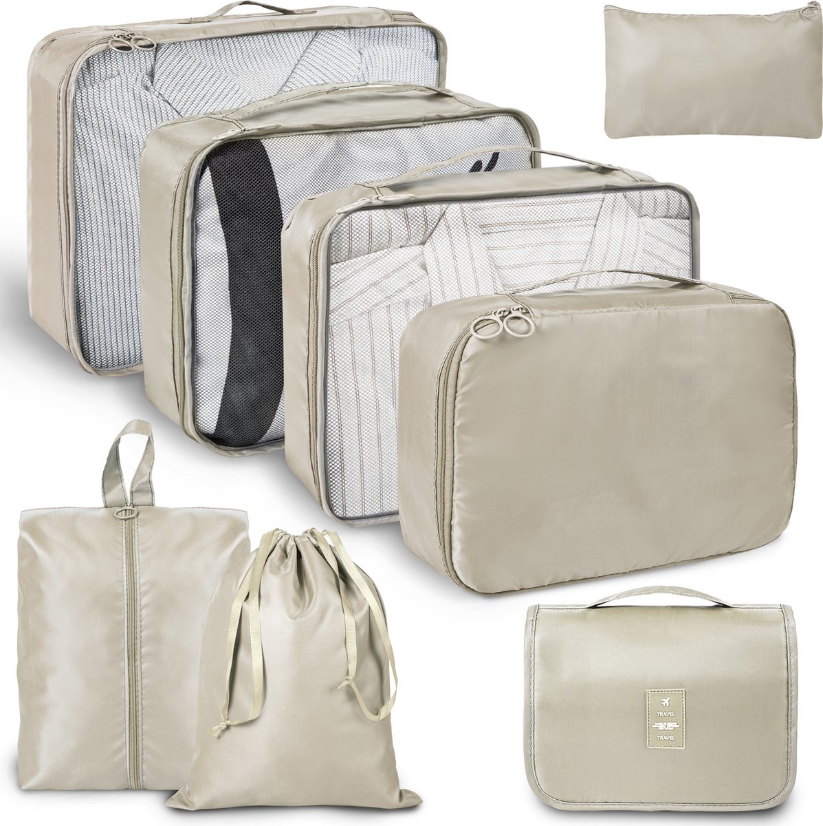ForDig 8-Delige Packing Cubes (Beige) - Koffer Organizer Set - Bagage Organizers - Compression Cube Tassen - Travel