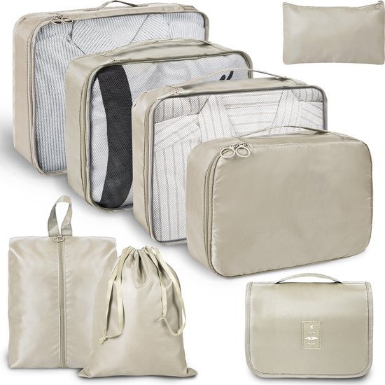 ForDig 8-Delige Packing Cubes (Beige) - Koffer Organizer Set - Bagage Organizers - Compression Cube Tassen - Travel Backpack Kleding Zakken