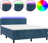 vidaXL - Boxspring - met - matras - en - LED - fluweel - donkerblauw - 140x200 - cm