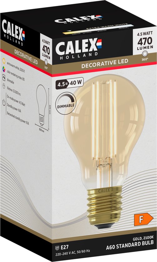 Calex Filament LED Lamp - E27 - A60 Lichtbron Goud - 4.5W - Dimbaar | bol