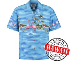 Hawaii Blouse Mannen - Shirt - Hemd - 100% Katoen - Overhemd Heren Korte Mouw - Made in Hawaii "Flamingo in het Water" Maat L