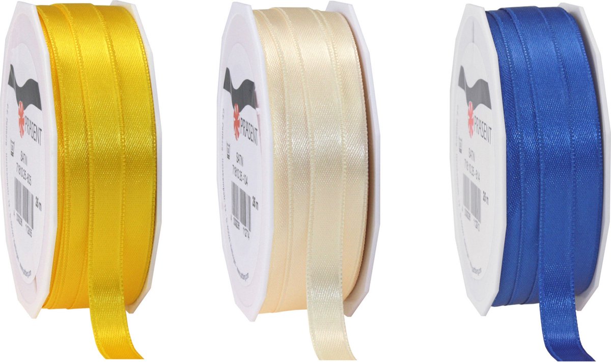 Glorex hobby - Satijn cadeau inpak deco sierlint - blauw/creme/yellow - 25 meter x 1 cm