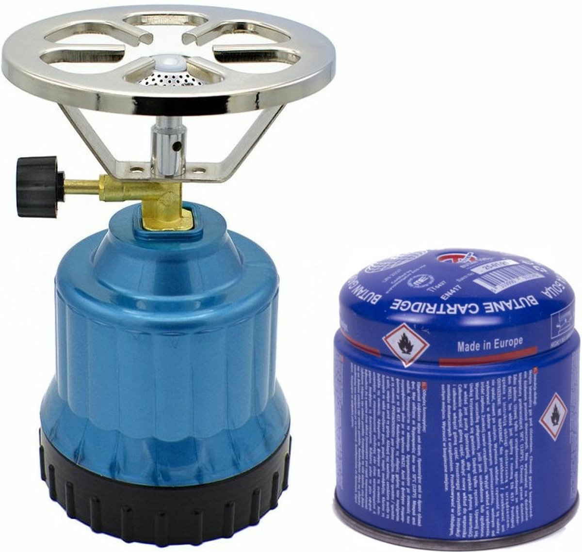 Camping kookstel - kunststof - blauw - incl. gas navulling priktank - 190 gram
