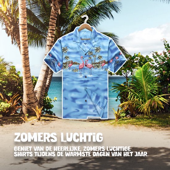 Hawaii Blouse Mannen - Shirt - Hemd - 100% Katoen - Overhemd Heren Korte Mouw - Made in Hawaii "Flamingo in het Water" Maat M