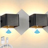 Set 2 stuks - Oplaadbare Wandlamp ZWART LED 5Watt + PIR sensor - magnetisch - USB-C