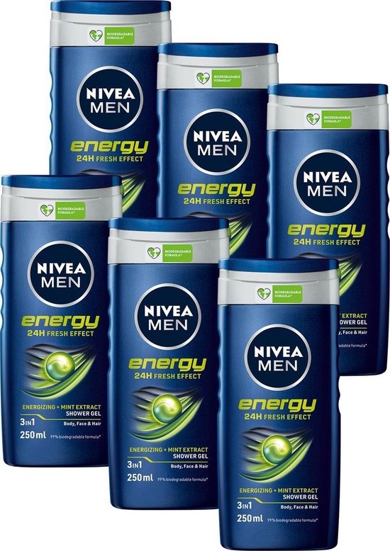 NIVEA MEN Energy Douchegel - 3-in-1 Shower Gel Met Mintextract - Shampoo - Voordeelverpakking - 6 x 250 ml