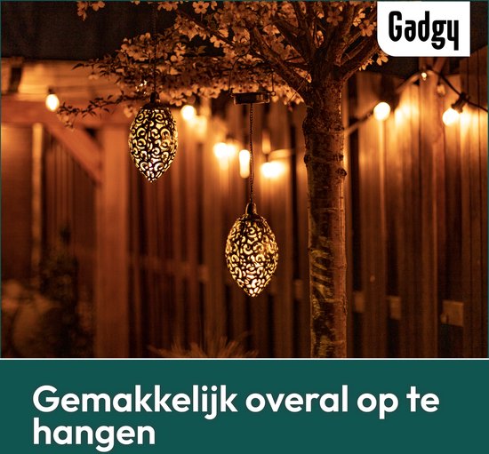 Gadgy Solar Hangende Oosterse Lantaarn 2st. - Solar Tuinverlichting op Zonneenergie – Led Buitenverlichting met Dag/Nacht Sensor - Tuinlantaarn - Brons - Metaal