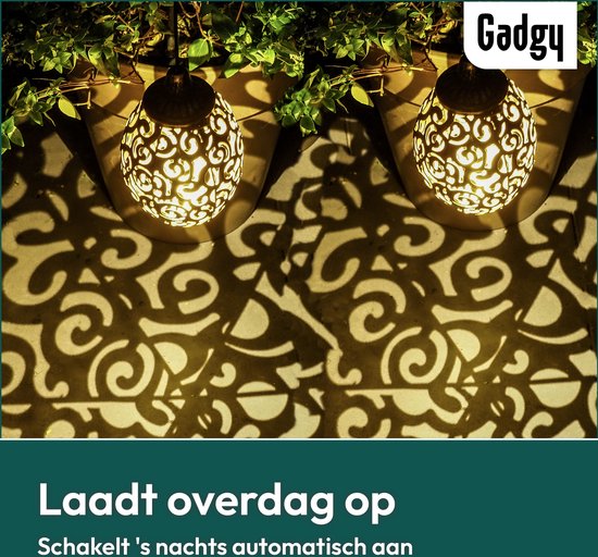 Gadgy Solar Hangende Oosterse Lantaarn 2st. - Solar Tuinverlichting op Zonneenergie – Led Buitenverlichting met Dag/Nacht Sensor - Tuinlantaarn - Brons - Metaal