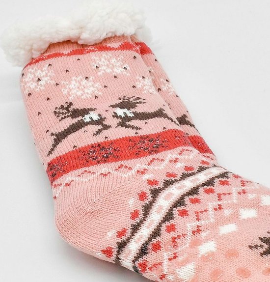 Merino Wollen sokken - Licht Roze met Rendier - maat 39/42 - Huissokken - Antislip sokken - Warme sokken – Winter sokken