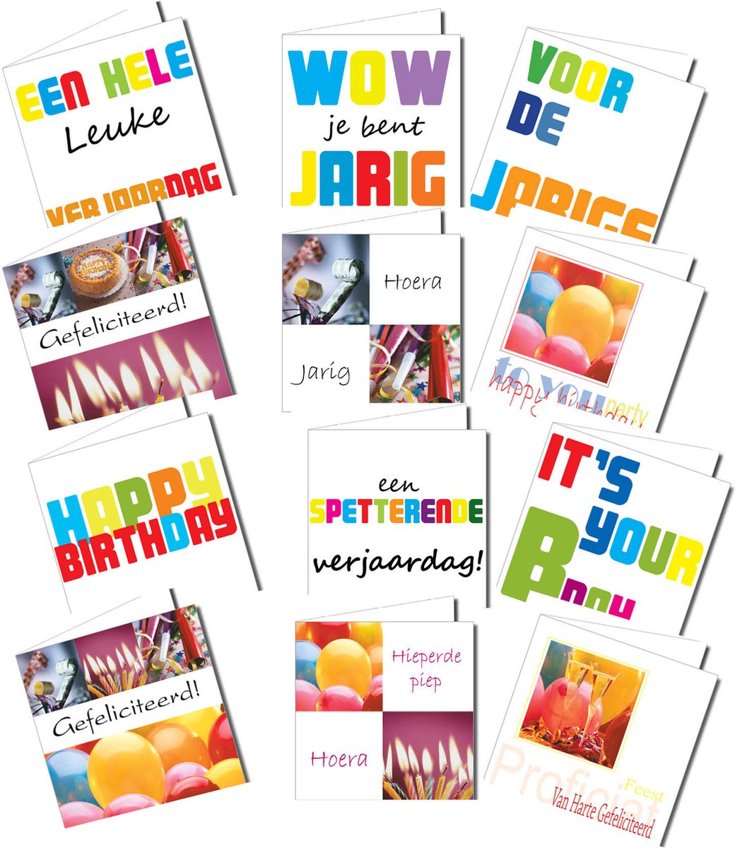 Verjaardag wenskaarten voordeelverpakking 36 stuks