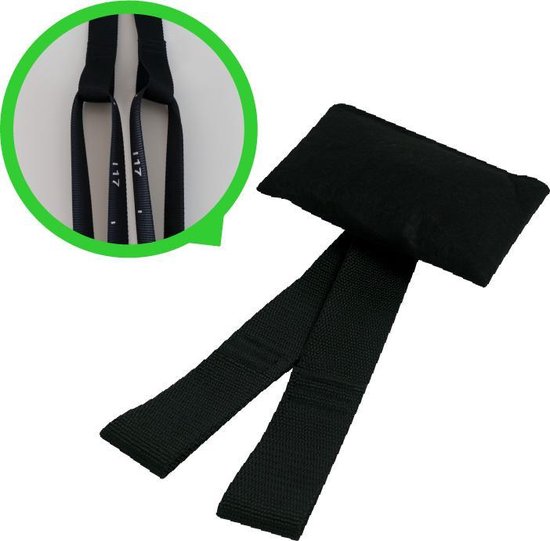 Zwart, zacht bekleed deuranker met twee stevige nylon banden, inclusief detail van genummerde banden.